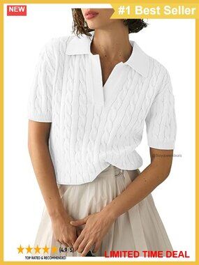Womens Cable Knit Short Sleeve Sweater V Neck Lapel Top